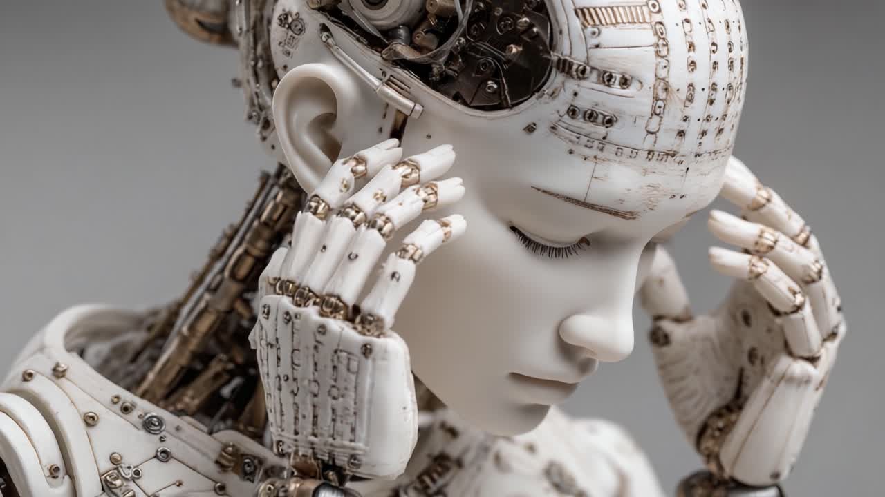 A Beautifully Crafted Android Reflecting Emotion with Intricate Mechanical Details and a Contemplative Pose, Showcasing the Intersection of Robotics and Humanity