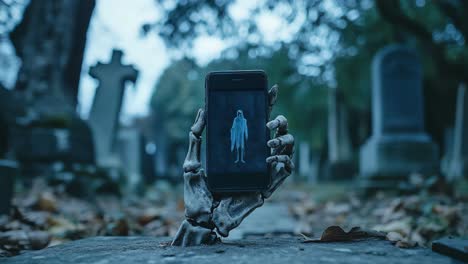 skeleton hand holding phone with ghost image in a graveyard