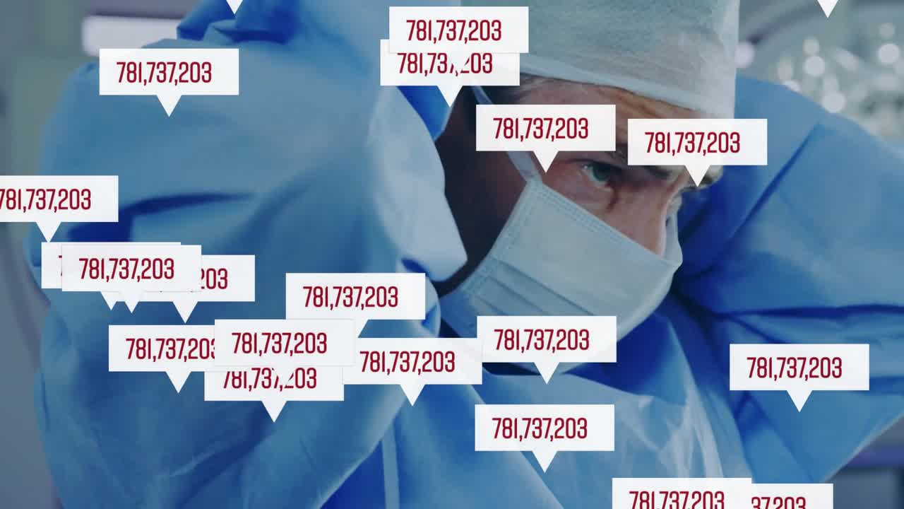 Mature male surgeon adjusting mask straps in OR, with numeric overlay capturing medical prep data