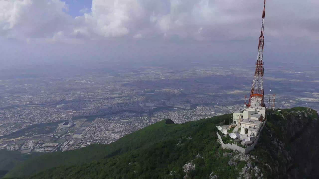 View from the antenna of Cerro de la Silla where you can see the antenna and the stadium of the Monterrey soccer club, a World Cup city in 2026 4K 60fps