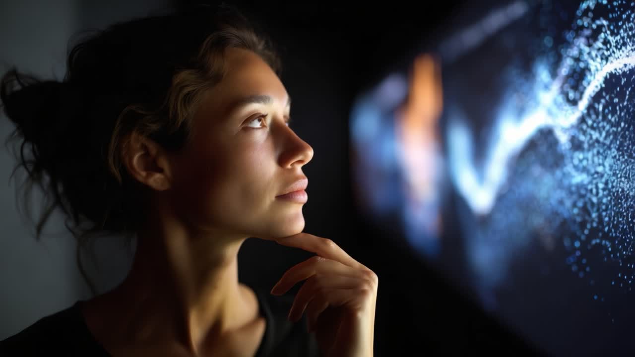 Contemplative Woman Engaged with Digital Data Visualization in Dark Environment, Evoking Curiosity and Reflection on Information Technology and Analysis