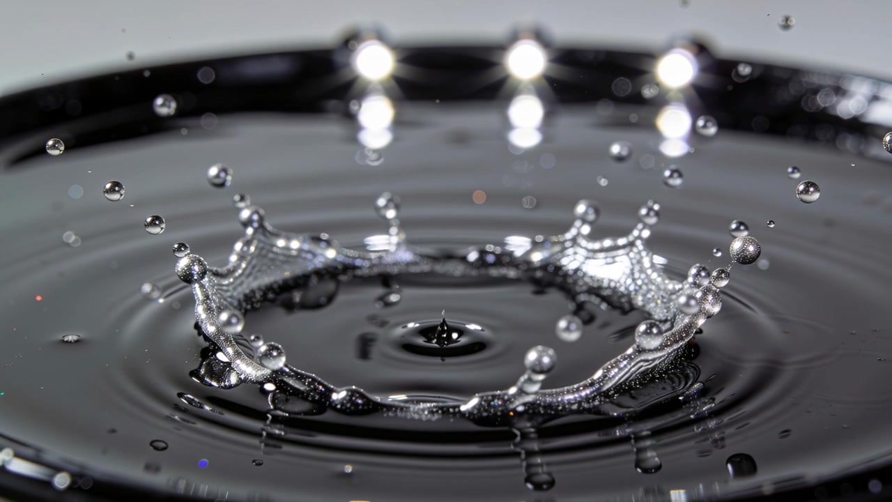 Kronenförmiger Wasserspritzer entsteht nach Tropfenaufprall in flachem, spiegelndem Becken, mit Wellen.