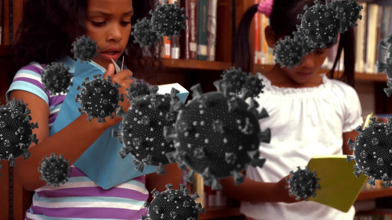 Animation of coronavirus cells over schoolchildren learning