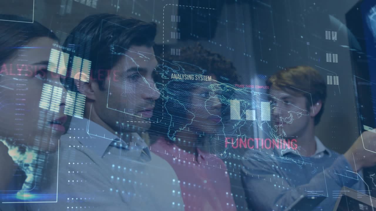 Four engineers at touchscreen, stylus tapping initiating diagnostics while HUD map updating
