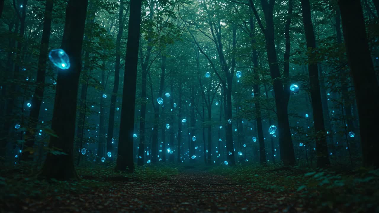 Mystical Forest with Glowing Orbs: A Captivating Journey Through Enchanting Woods Filled with Ethereal Blue Light in a Dreamlike Atmosphere