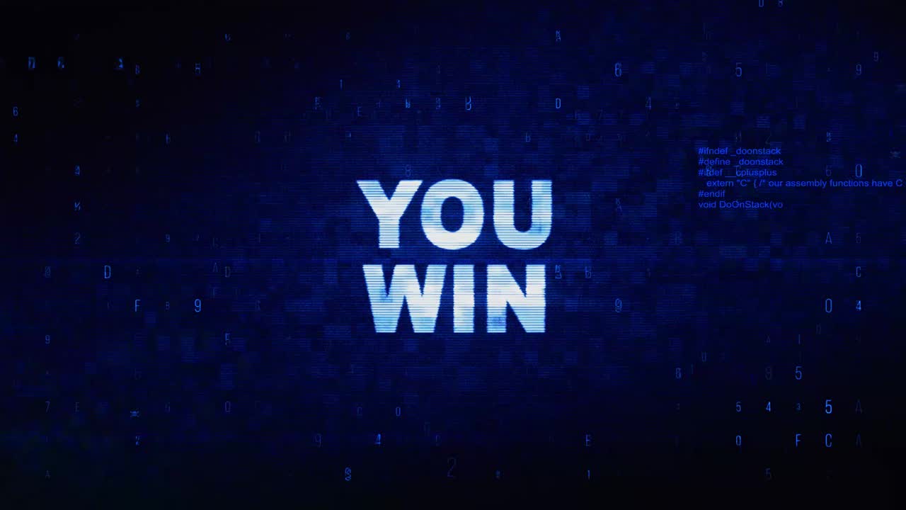 You win text digital noise twitch and glitch effect tv screen loop animation background login and