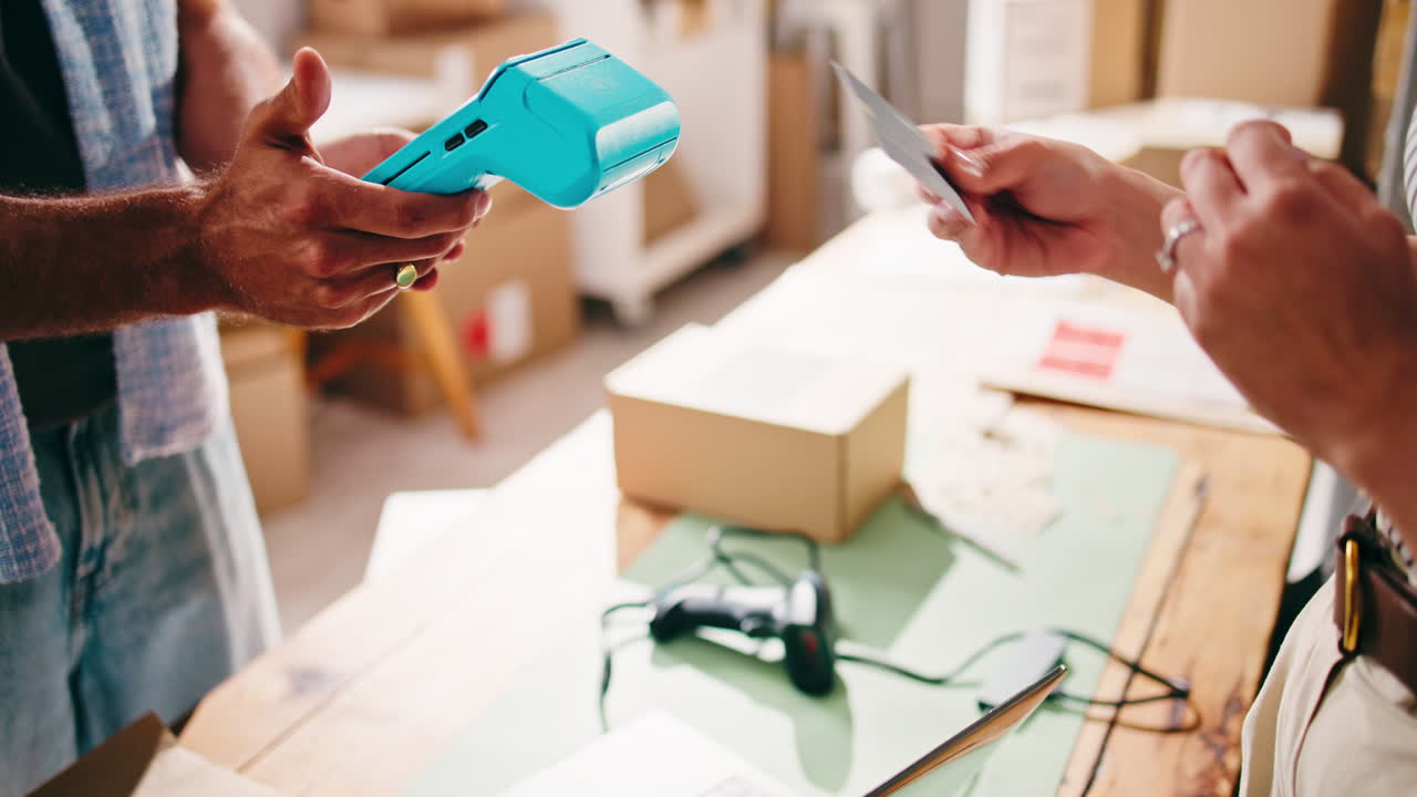 Client effectuant un paiement par carte de crédit et recevant un colis