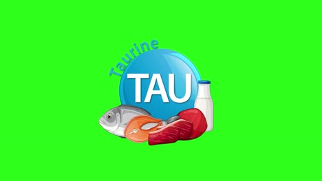 a blue taurine icon animates onto a green screen, joined by illustrated fish and meat, highlighting dietary sources with smooth, simple transitions
