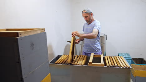 bee master harvesting honey indoors. male apiarist preparing frames with honeycombs before pumping honey on a farm.