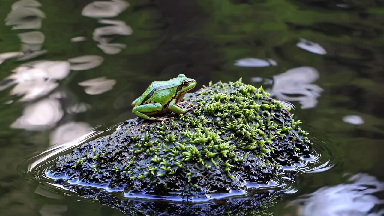 A frog on a mossy rock in a pond, captured from a low angle