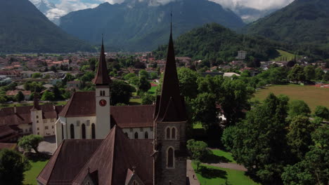 Flying-around-the-church-towers-of-Interlaken