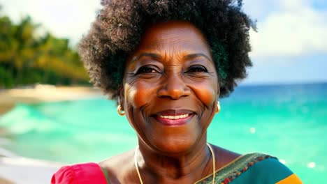 smiling senior woman with afro hair on a tropical beach