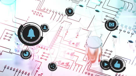 digital animation of network of digital icons against microprocessor connections on white background