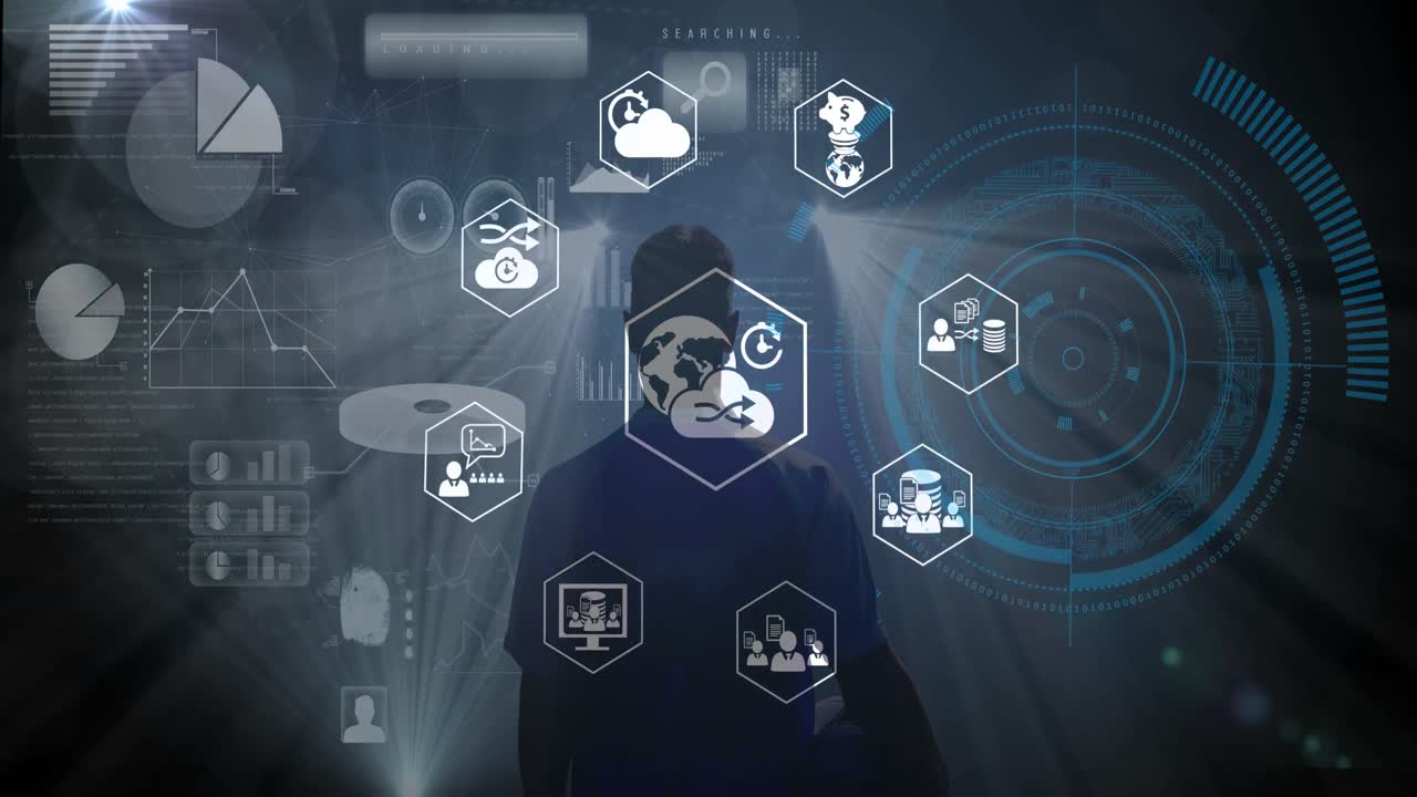 animación del procesamiento de datos sobre un fondo azul