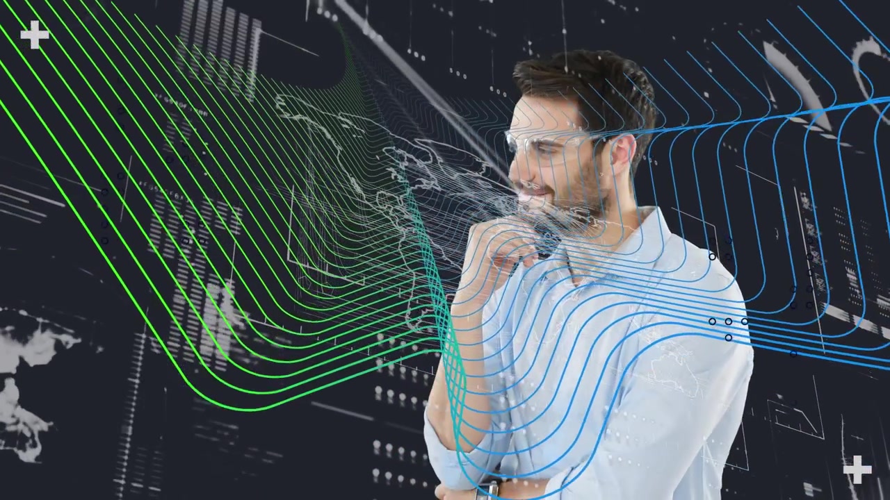 Animation of data processing with lines over caucasian man on black background