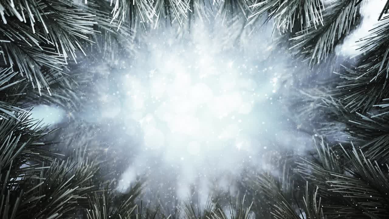 el marco de agujas de pino de navidad y la nieve que cae.