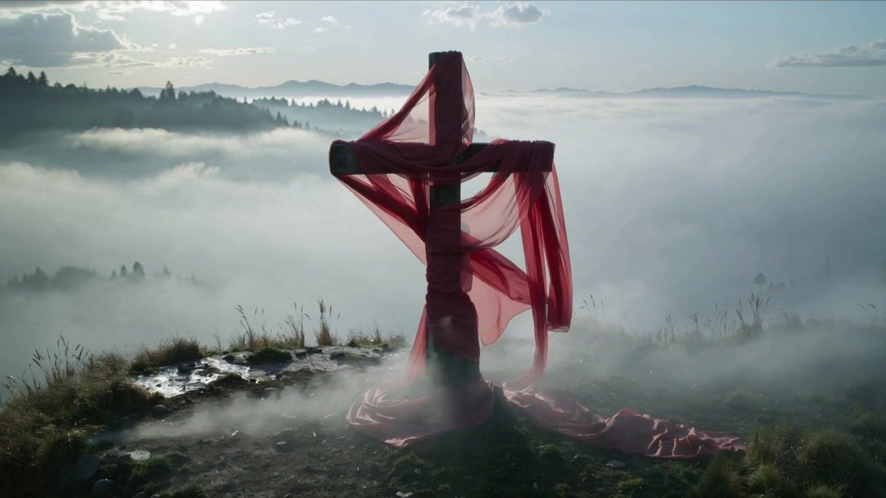 Drappo rosso ondeggiante su croce di legno che si solleva e si dispiega sulla cima di una collina, mentre una leggera brezza sposta la nebbia.