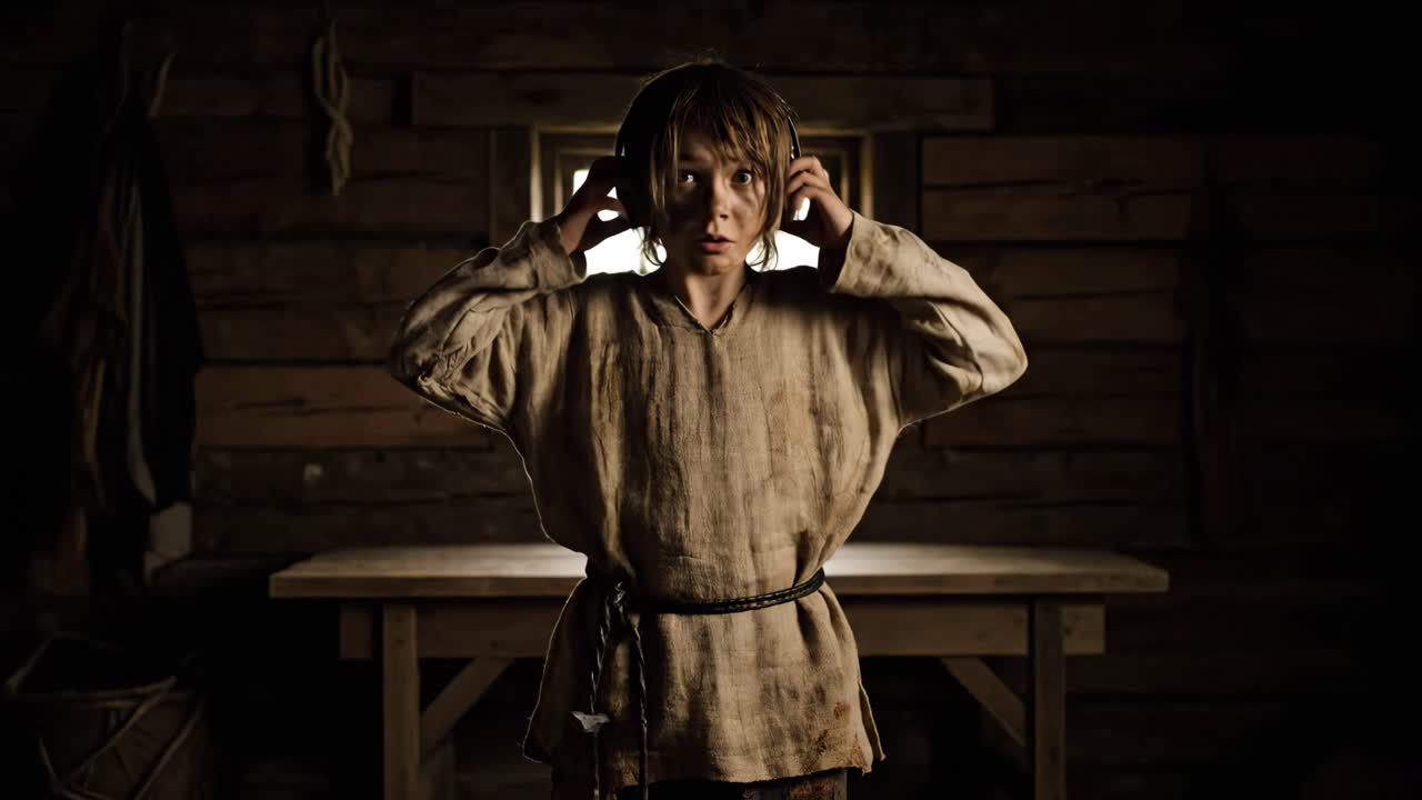 Young boy in a rustic cabin