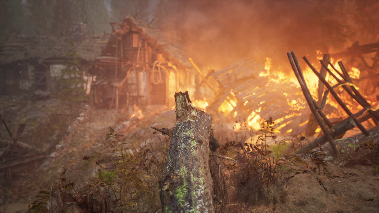 casa de madera en llamas en el viejo pueblo