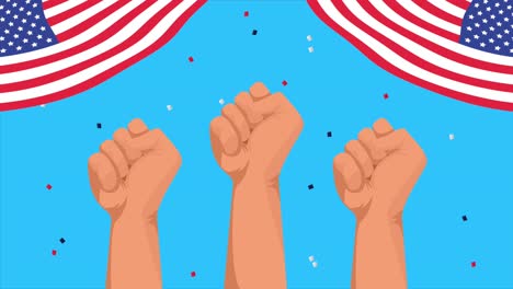 feliz celebración del día del trabajo con bandera de estados unidos y manos apretadas