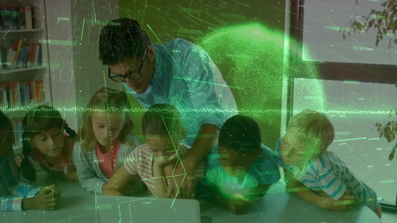 Teacher tapping laptop touchpad and guiding student finger while green overlays animate education