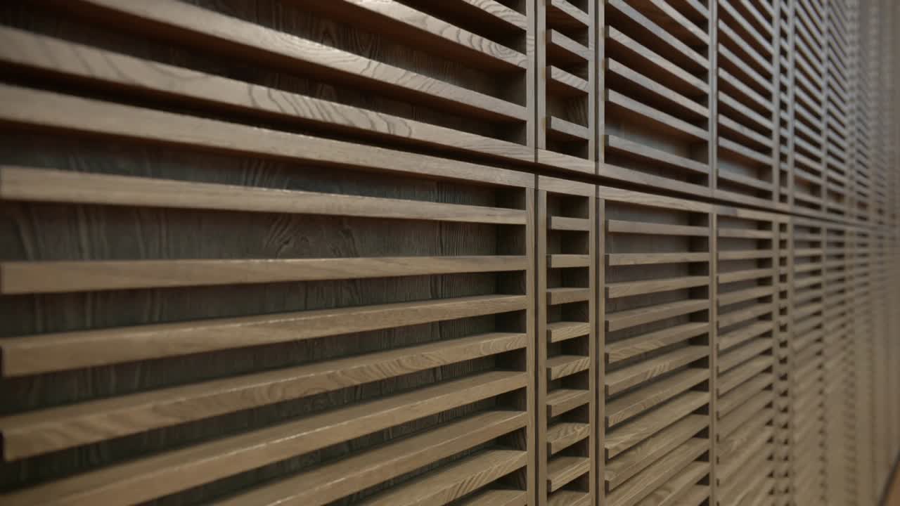 Shifting camera revealing wooden slatted wall at interior corridor, showing repeating slat pattern