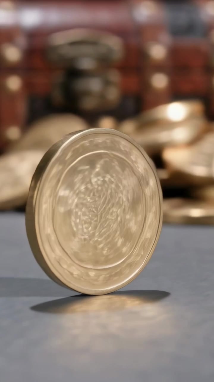 Vertical video: Rocking gold coin after small tap, righting itself on tabletop with trunk and coins