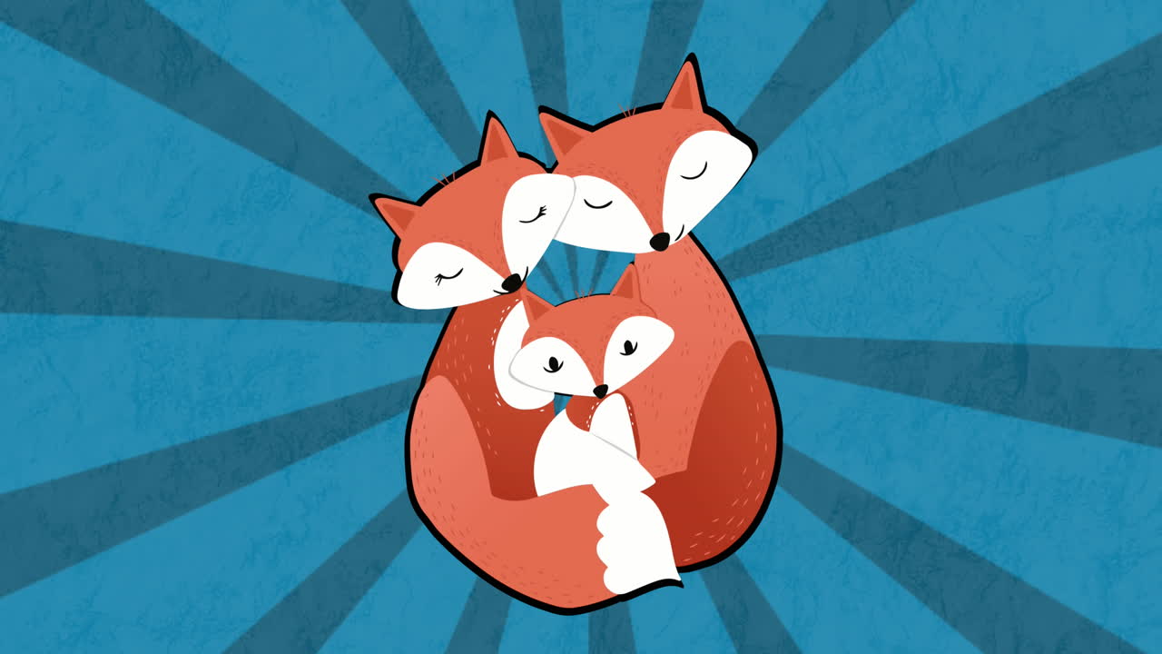 회전 하는 파란색 방사선 줄무 ⁇  에 새끼 를 품고 있는 행복 한 여우 부모 의 그림 의 애니메이션