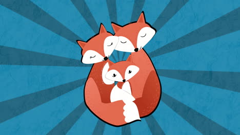 animación de la ilustración de padres de zorro felices abrazando a su cachorro, en rayas radiales azules rotativas
