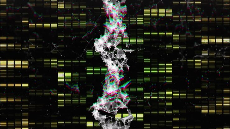 DNA strand with digital data processing animation, green patterns on black background