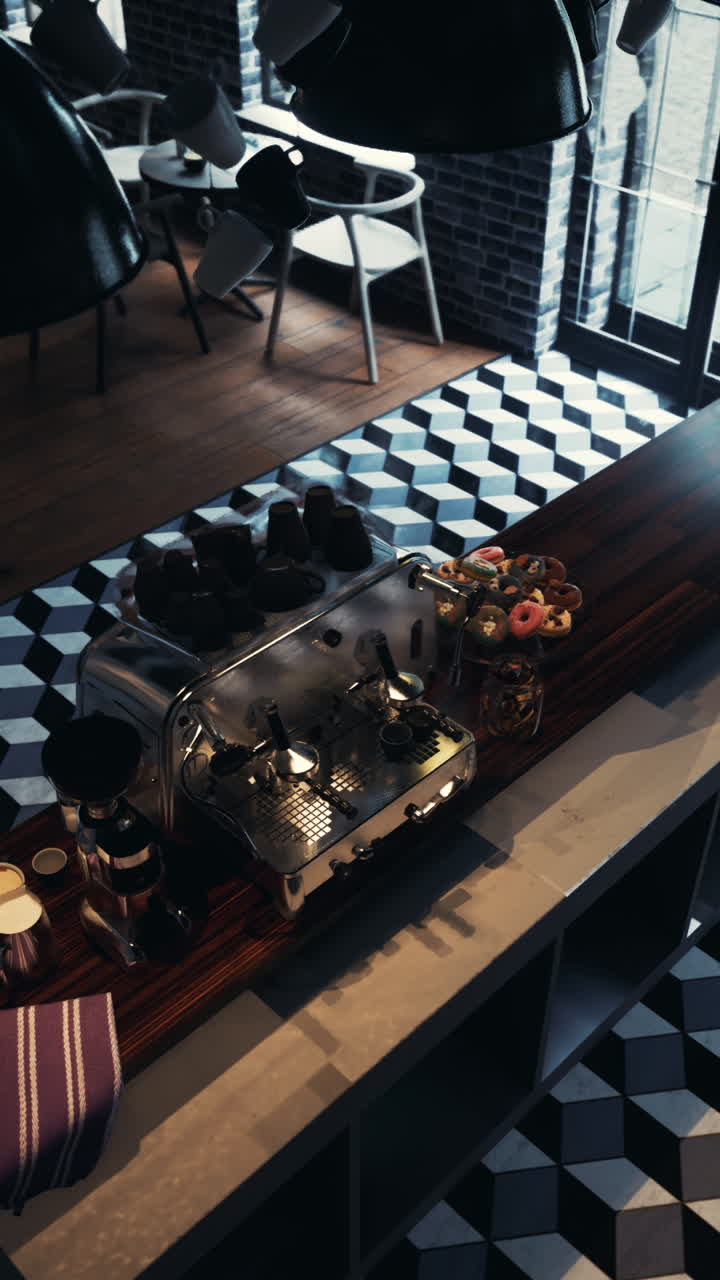Interno di una caffetteria moderna con macchina da caffè espresso e ciambelle