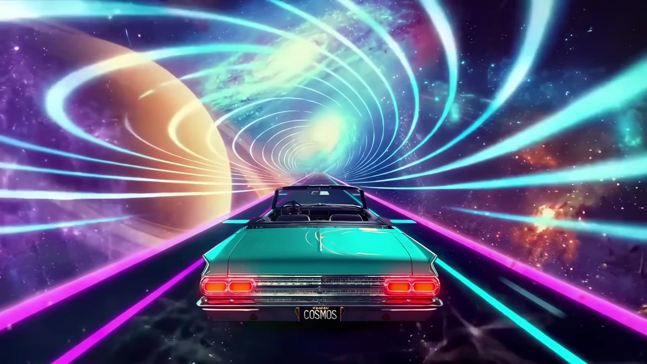 Decappottabile retrò che attraversa un wormhole spaziale al neon