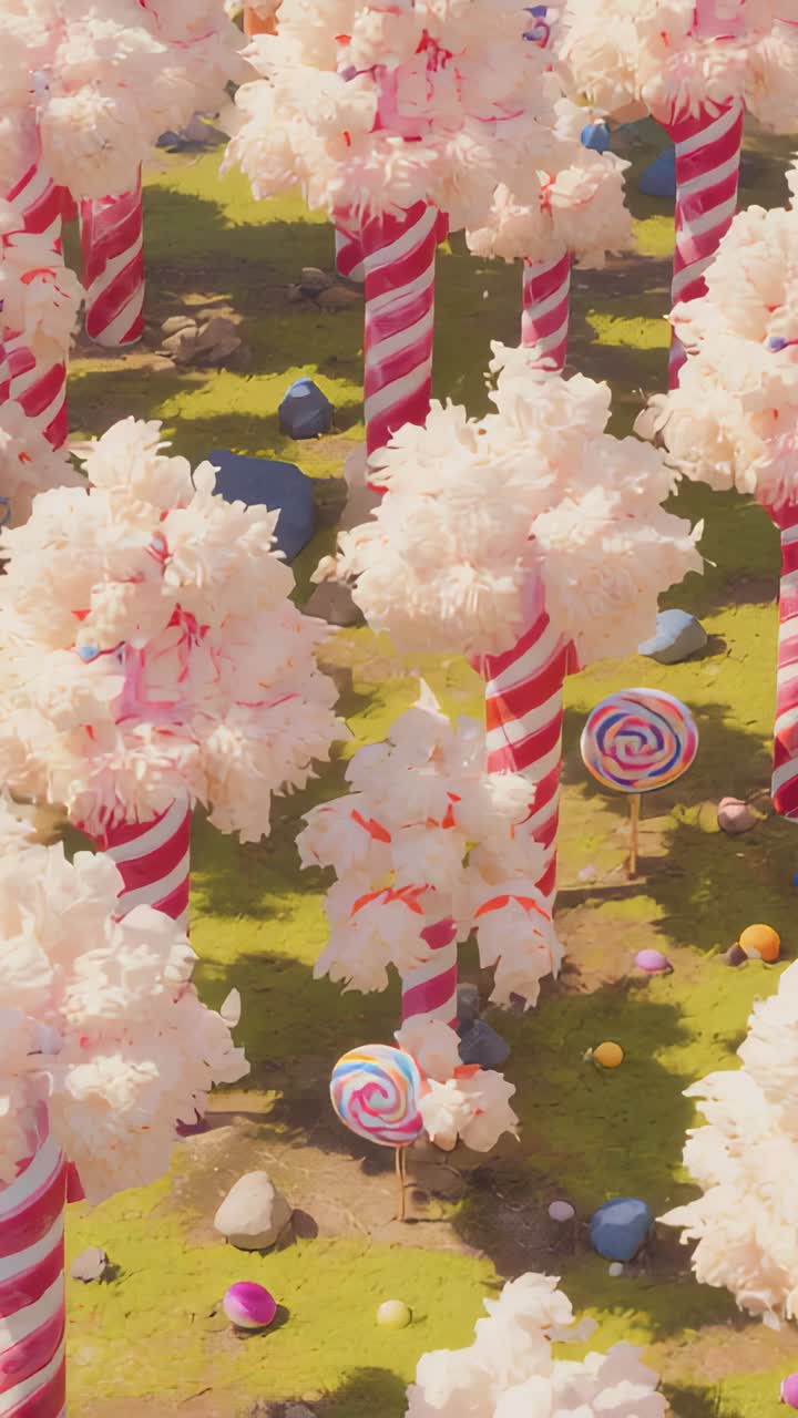 Video verticale: panoramica della camera che rivela alberi di caramelle in un boschetto con cime rosa e lecca-lecca a spirale