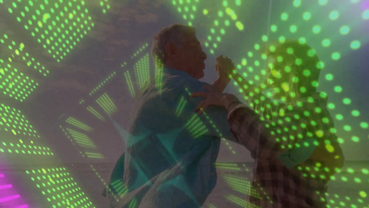LED overlay pulsing over senior couple turning leaning, touching, walking shore sharing moment tech