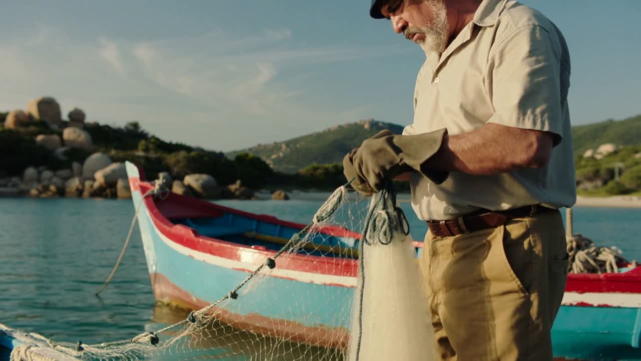 Pescador mayor con guantes, deshaciendo enredos y reparando una red de mano en una cala con barcos pintados, con espacio para texto.