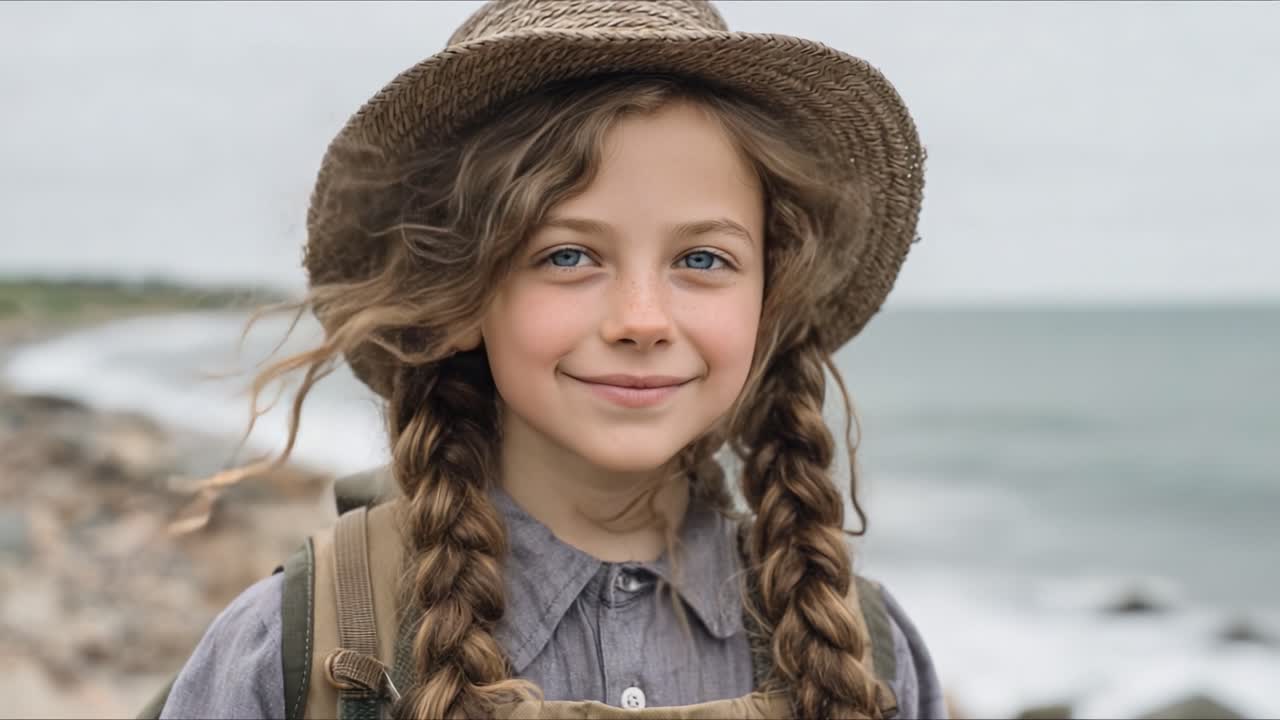 Une jeune fille portant un chapeau de paille et des tresses sourit chaleureusement à l'appareil photo, debout au bord de l'eau avec des vagues qui roulent doucement en arrière-plan, incarnant la joie et l'innocence.