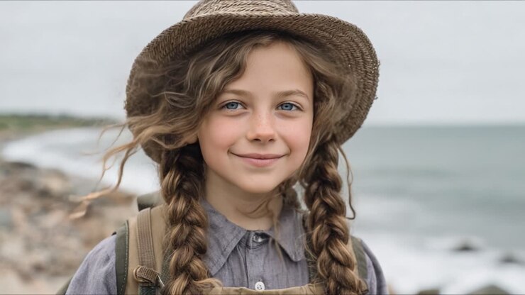 Une jeune fille portant un chapeau de paille et des tresses sourit chaleureusement à l'appareil photo, debout au bord de l'eau avec des vagues qui roulent doucement en arrière-plan, incarnant la joie et l'innocence.