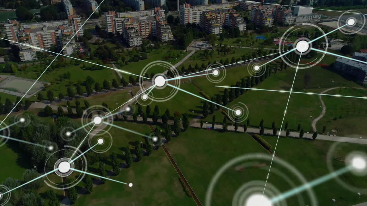 Network of connections animation over aerial view of city park