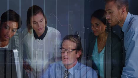 animation of financial data processing over diverse business people