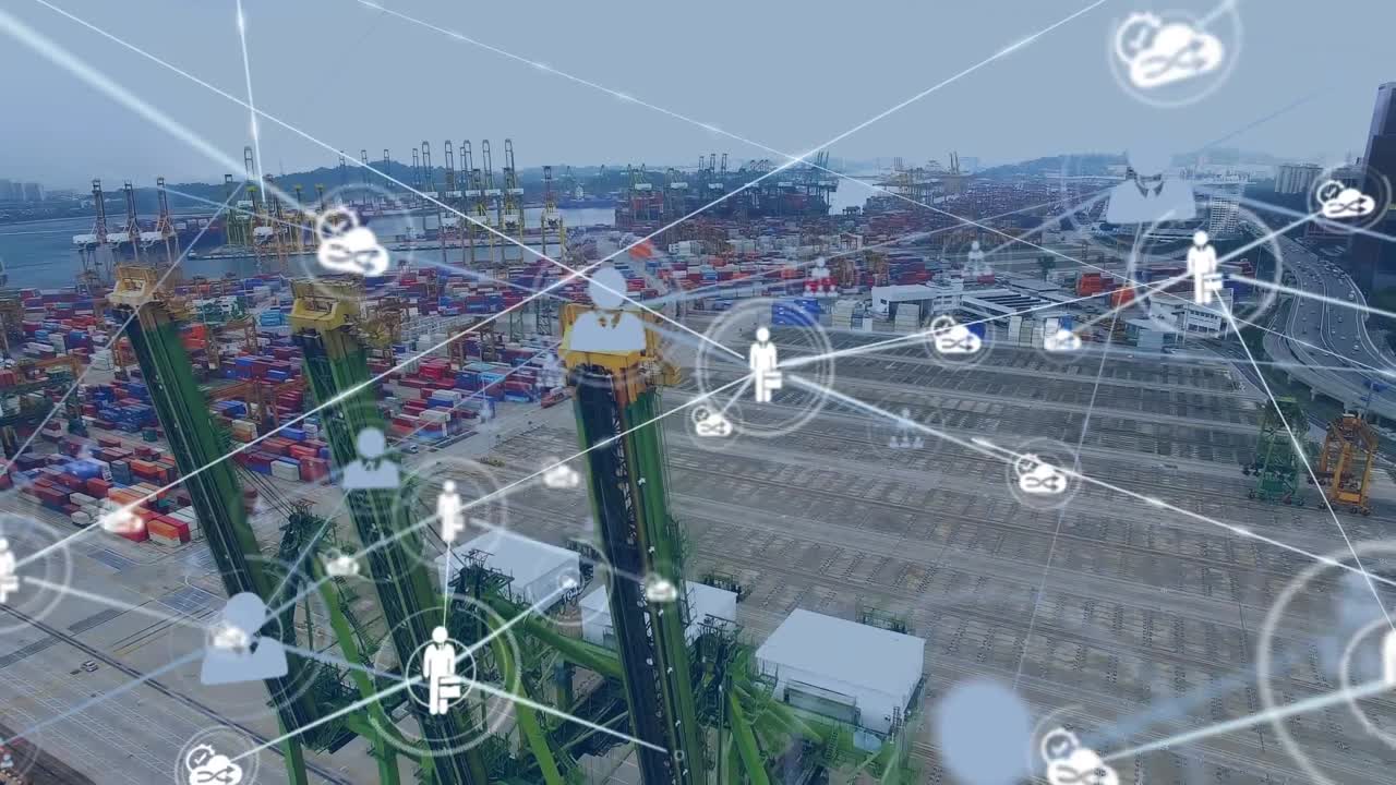 animación de la red de conexiones con iconos sobre el puerto en el fondo