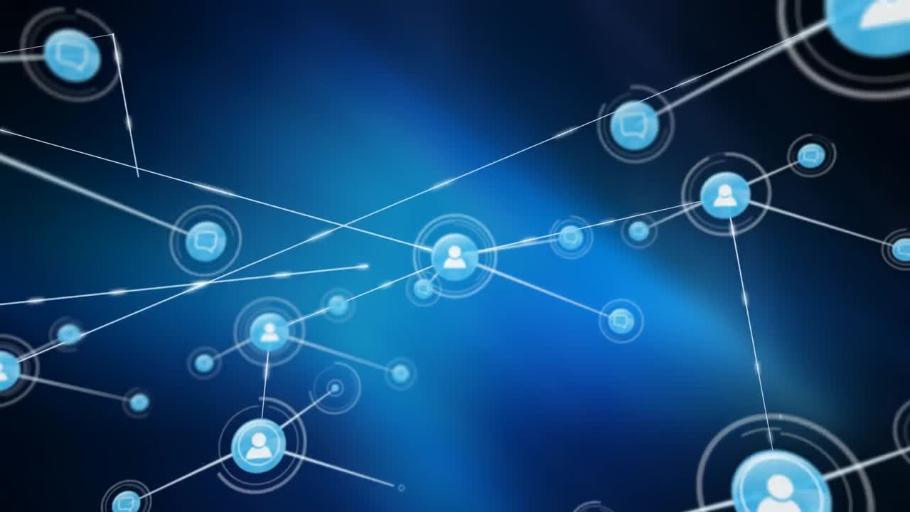 animación de una red de iconos digitales contra un fondo de gradiente azul.