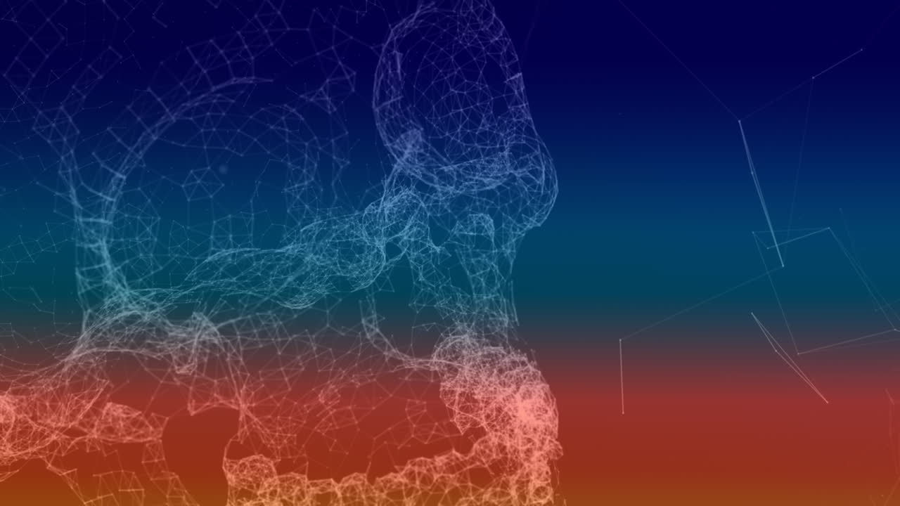 3d 인간의 두개골과 파란색 배경에 있는 플렉서스 연결 네트워크의 애니메이션