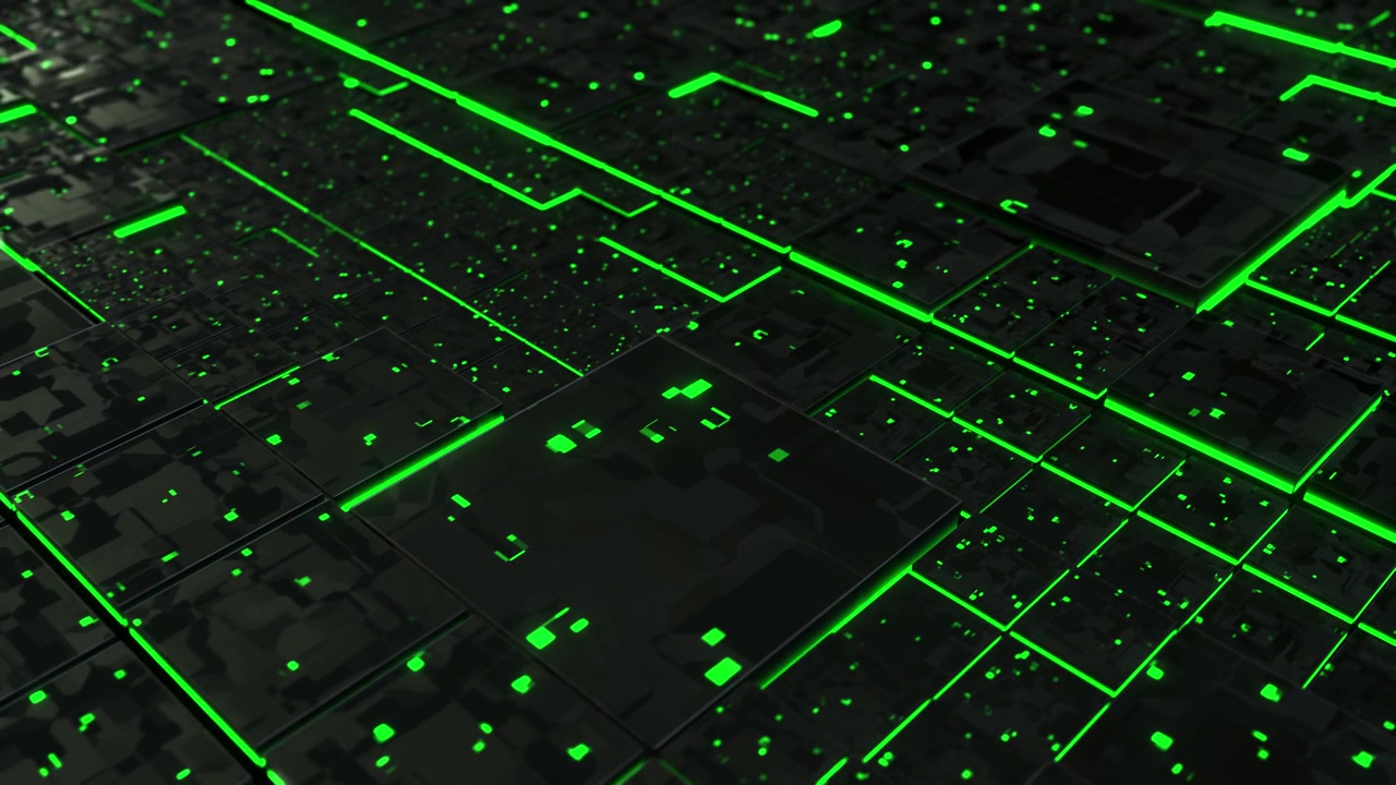 Futuristic abstract digital technology background with glowing green neon cubes
