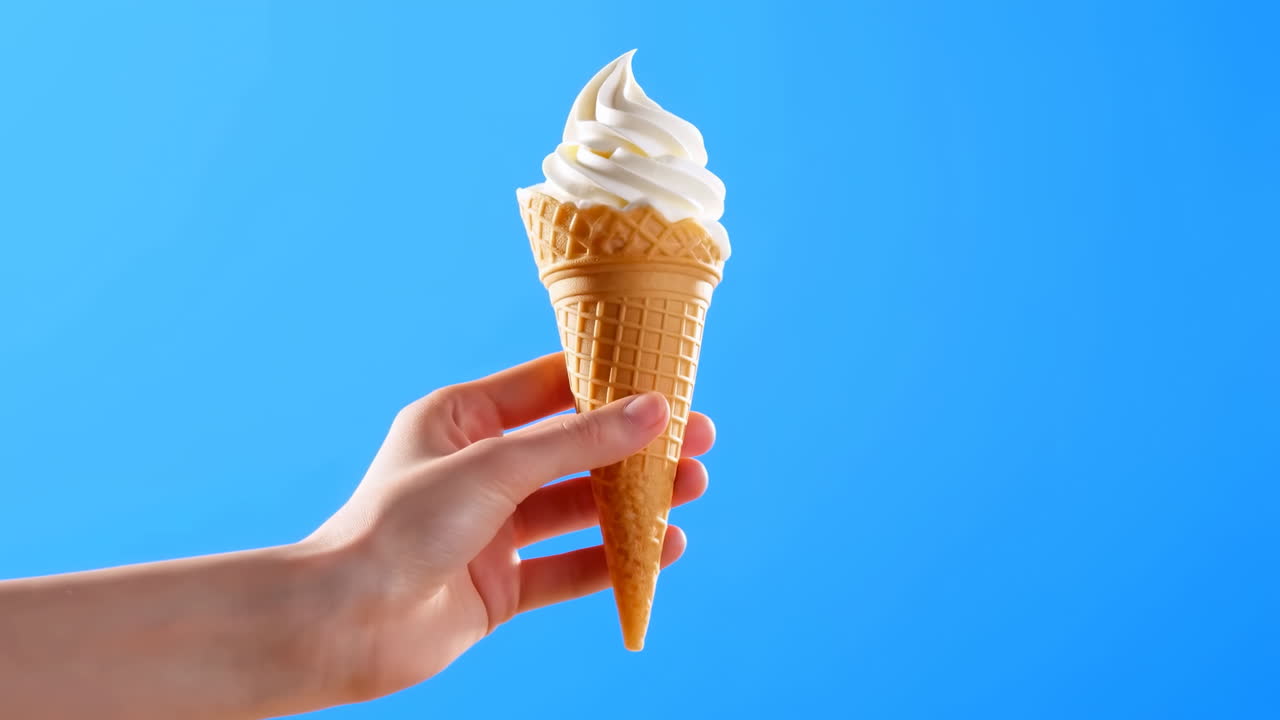 Mano che regge un cono gelato soft che si scioglie su sfondo blu