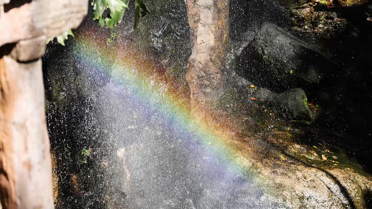 활기찬 무지개가 폭포 위에 형성됩니다.
