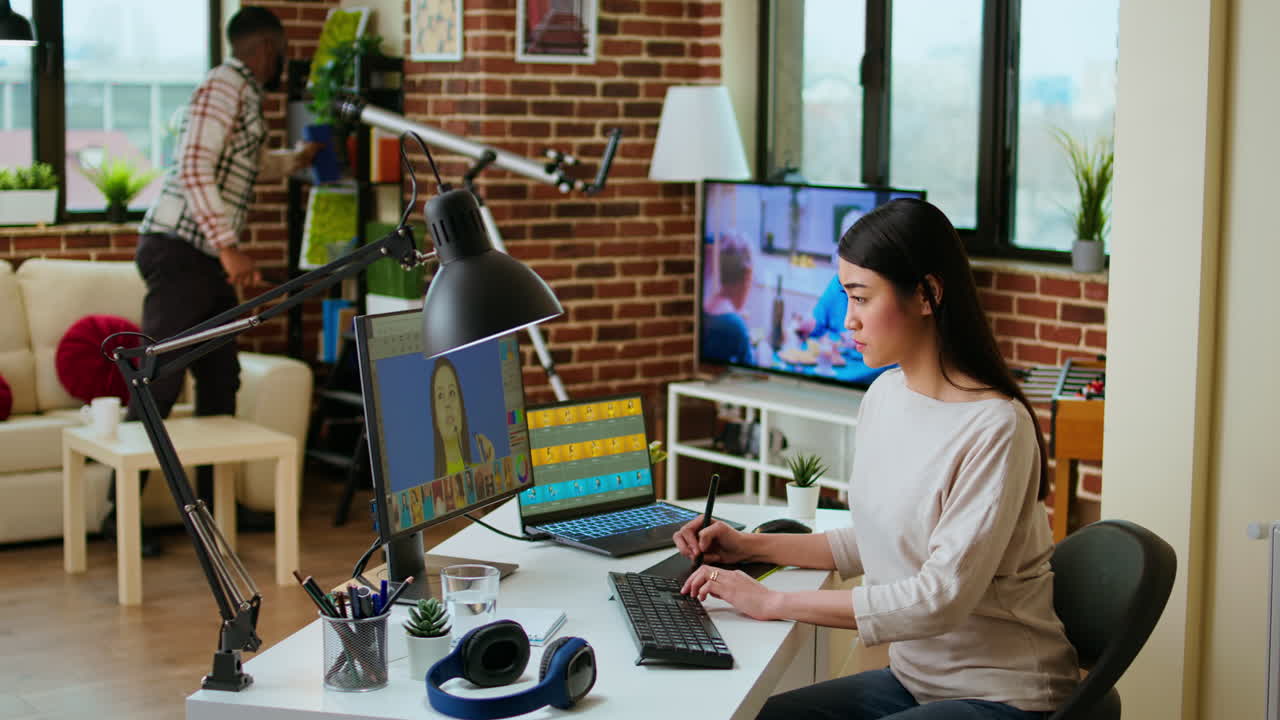 창의적인 여성은 컴퓨터에서 사진 편집 및 디자인 프로젝트를 관리합니다.