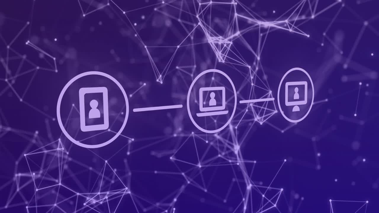 Animation of data processing over icons with network of connections