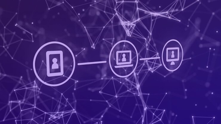 Animation of data processing over icons with network of connections