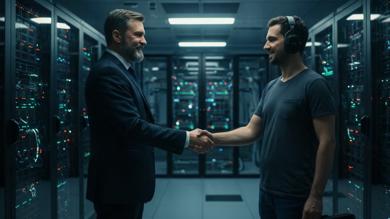Uno scambio professionale: due individui si stringono la mano tra server di dati ad alta tecnologia, simboleggiando collaborazione e fiducia nell'era digitale