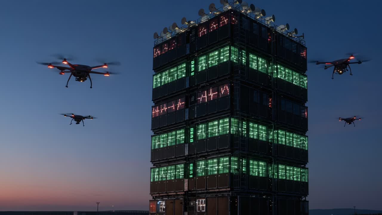 A stunning display of technology at dusk, showcasing illuminated drone operations around a towering structure adorned with vibrant LED lights, featuring an innovative design